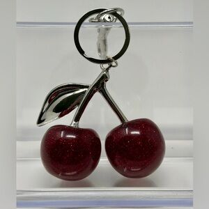 Glitter Red Cherry Keychain with Silver Accents